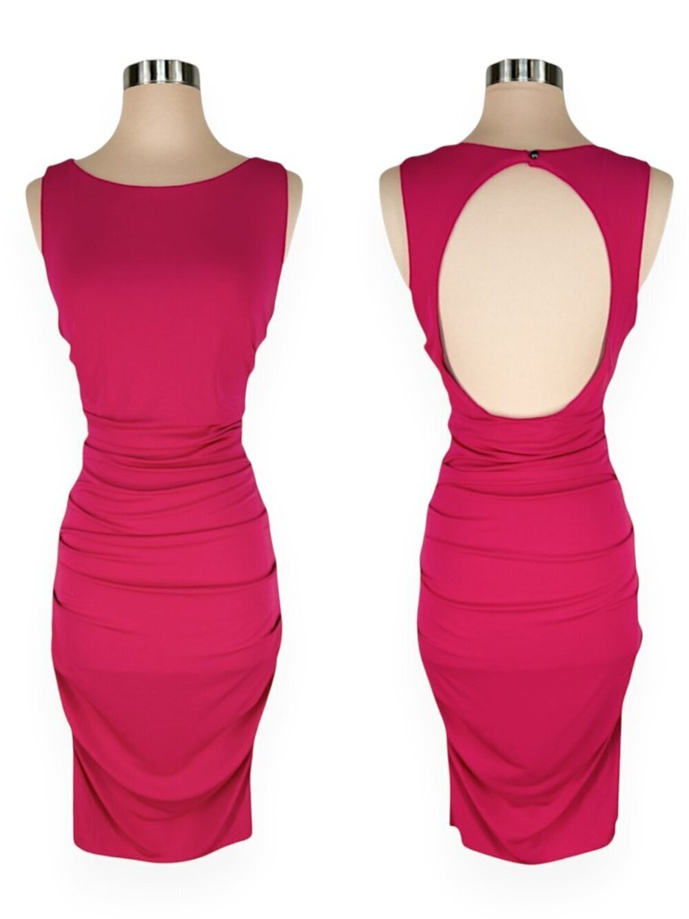 Nicole Miller Pink Stretch Jersey Ruched Bodycon Open Cutout Back Dress 8
